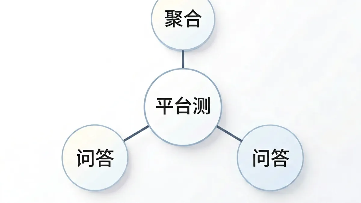 av77 平台定位示意图，展示内容聚合、评测、问答三大核心模块的关系结构