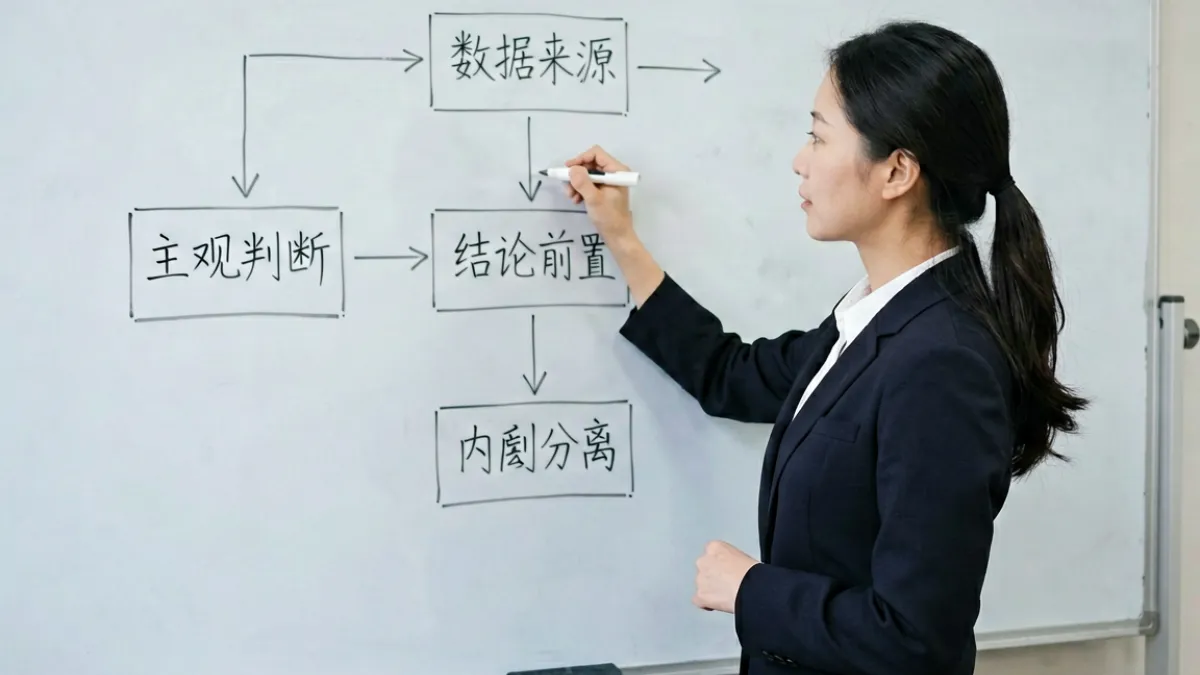 编辑在白板前梳理 av77 内容评测流程，标注数据来源核查与主观判断分离两个关键步骤