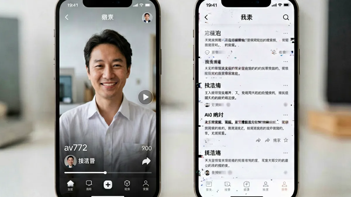 手机横向摆放展示av77移动端播放界面，与旁边另一平台的拉伸错位界面形成鲜明对比