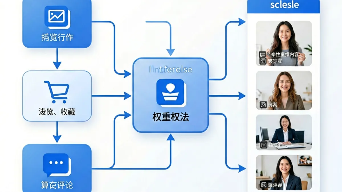 av77推荐算法示意图，展示用户行为数据如何影响内容权重与个性化推荐结果的流程图