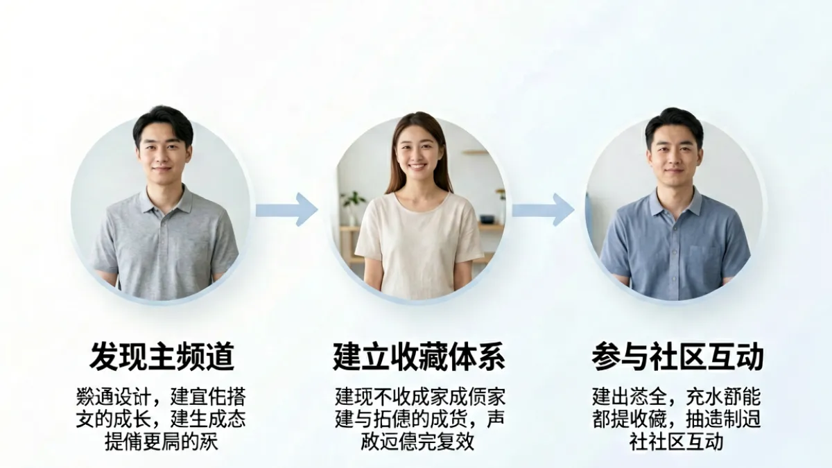 av77新用户使用路径示意图，展示从首次浏览到建立个人内容收藏体系的三个成长阶段